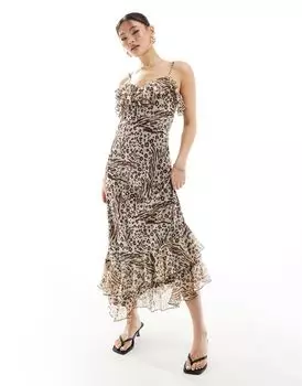 River Island – коричневое платье миди с асимметричной оборкой в анималистический принт