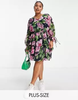 River Island Plus – Сиреневое мини-платье со сборками и завязками