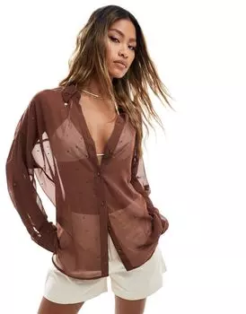 River Island – прозрачная коричневая пляжная рубашка, часть комплекта