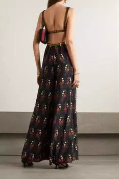 RIXO Комбинезон из шелкового крепдешина с металлизированным принтом Hollywood и отделкой из джерси, черный