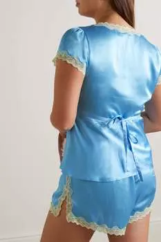RIXO Пижамный комплект Maddy из хлопка и атласа с кружевной отделкой, синий