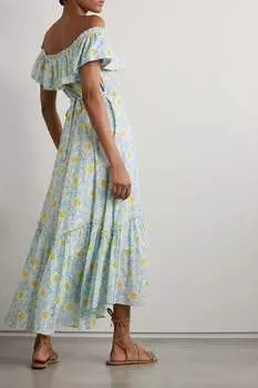 RIXO Платье миди из хлопка фил-купе с принтом лилового цвета и открытыми плечами, слоновая кость