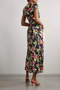 RIXO платье миди из крепдешина Marisa с цветочным принтом и завязками, черный