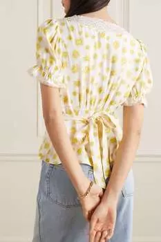 RIXO топ из вуали Selva с кружевной отделкой и принтом, желтый