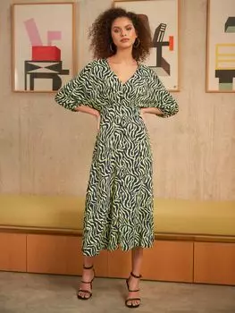 Ro&Zo Платье миди на пуговицах спереди с зебровым принтом, зеленый