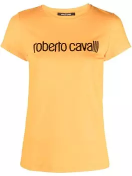 Roberto Cavalli футболка с вышитым логотипом и круглым вырезом, оранжевый