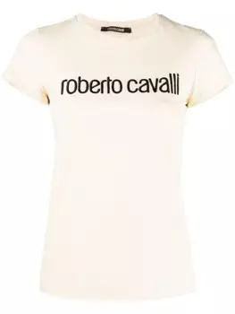 Roberto Cavalli футболка с вышитым логотипом, нейтральный цвет
