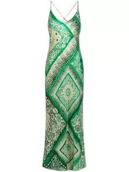 Roberto Cavalli шелковое платье-комбинация с абстрактным принтом, зеленый