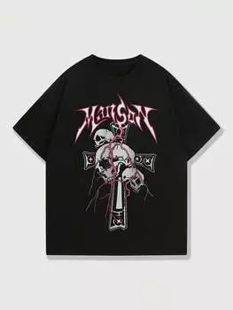 ROMWE Goth Мужская футболка с коротким рукавом Темно-готический крест с черепом, черный цвет