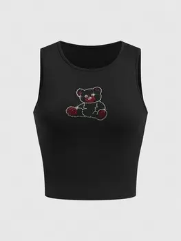 ROMWE Гранж-панк Майка Металл-панк Музыкальный фестиваль Стиль Цветовое столкновение Милый плюшевый мишка, украшенный стразами Простое сочетание любого стиля Slim Fit для женщин, черный цвет