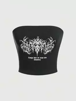 ROMWE Grunge Punk Y2K Женский сексуальный топ без бретелек с буквенным принтом для повседневной носки, черный цвет