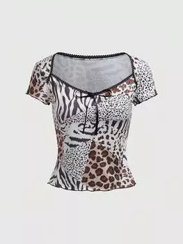 ROMWE Модная женская футболка с коротким рукавом с леопардовым принтом, многоцветный