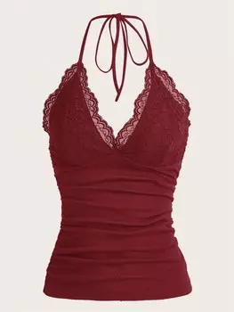 ROMWE PUNK топ с воротником-бретелькой Контрастное кружево, складки, темно-белый/бордовый