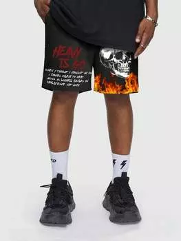 ROMWE Шорты на шнурке в стиле гранж-панк с принтом черепа, пламени и букв и карманом, черный цвет
