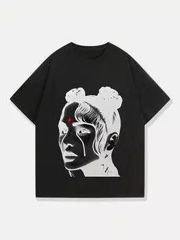 ROMWE Street Life Мужская винтажная футболка High Street с коротким рукавом и размытым принтом, черный цвет