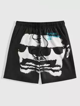 ROMWE Street Life мужские широкие шорты с кулиской на талии, повседневные шорты с надписями и характерными принтами, идеально подходящие для весны и лета, черный цвет