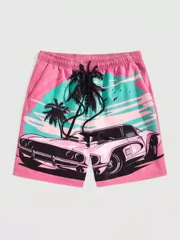 ROMWE Street Life мужские весенне-летние каникулы повседневные шорты с цветными блоками кокосовой пальмы и автомобиля с принтом, розовый