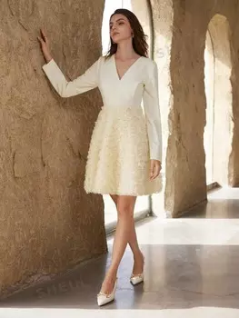 Rosie, Платье с Длинными рукавами, средней формы А-силуэта, объемный топ, узор в виде розы, пояс на талии, V-образный вырез Shein, абрикосовый