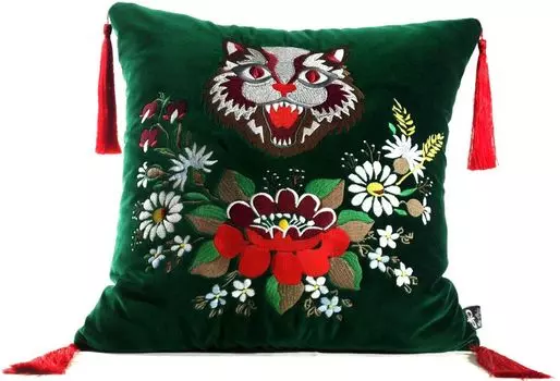 Роскошная декоративная подушка Casa Padrino с кисточками Кот зеленый/разноцветный 45 x 45 см - тончайшая бархатная ткань - подушка для гостиной