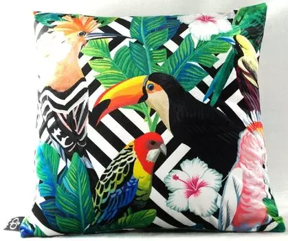 Роскошная подушка Casa Padrino Miami Parrots & Flowers черный/белый/разноцветный 45 x 45 см - тончайшая бархатная ткань - декоративная подушка для гостиной
