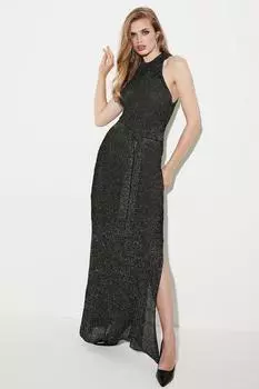 Роскошное блестящее трикотажное платье макси с поясом и открытой строчкой Karen Millen, черный