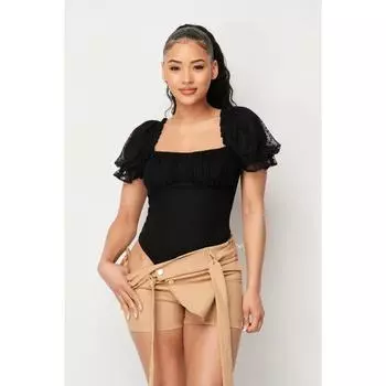 Роскошный сетчатый комбинезон с рукавами-фонариками и стрейч-сеткой в горошек FASHNZFAB, черный