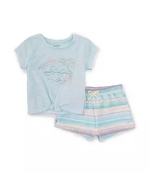 Roxy Little Girls 2T-6X комплект из джерси с короткими рукавами и логотипом в виде ладони, комплект с короткими рукавами и полосками из французской махровой ткани, синий