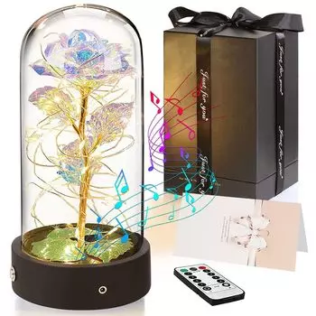 Роза в стекле Музыка Вращающиеся декоративные светильники Перезаряжаемый цветок в стеклянном куполе Искусственная роза Подарки на День святого Валентина, День рождения, День Благодарения, Юбилей ROSNEK, мультиколор