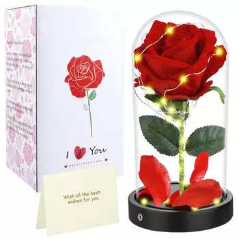 Роза в стекле с подсветкой Цветок в стеклянном куполе Искусственные цветы Роза Подарки на День Святого Валентина, День Благодарения, Юбилей ROSNEK, красный