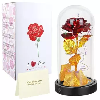 Роза в стекле с подсветкой Цветок в стеклянном куполе Искусственные цветы Роза Подарки на День святого Валентина, День Рождения, День Благодарения, Юбилей ROSNEK, золото