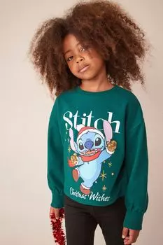 Рождественская футболка Lilo & Stitch с длинными рукавами и пайетками (3–16 лет) Next, зеленый