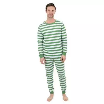 Рождественская мужская пижама из двух частей из хлопка в полоску Leveret, зеленый/белый