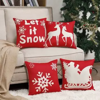Рождественские чехлы Freetoo, чехлы на подушки 40 х 40 см, набор из 4 чехлов, чехлы на молнии, льняной вариант для декоративных подушек, декоративные рождественские подушки, рождественские чехлы, диванные подушки, красный