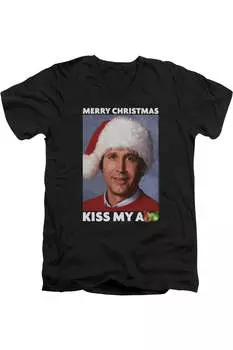 Рождественские каникулы Merry Kiss короткий рукав взрослая V-образный вырез премиум хлопковая футболка / футболка Gildan, черный