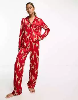 Рождественский атласный пижамный комплект с длинными рукавами и брюками с принтом жирафа Chelsea Peers красного цвета