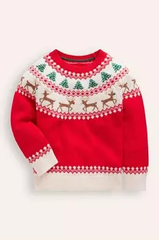 Рождественский джемпер Fair Isle с изображением оленя Boden, красный