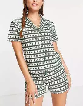 Рождественский пижамный комплект Brave Soul с пуговицами в виде гирлянды лесного зеленого и экрю