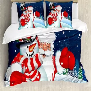 Рождественский пододеяльник ABAKUHAUS, Santa Snowman Hug, защита от клещей, подходит для аллергиков с наволочками, 155 см x 220 см - 80 x 80 см, синий, красный, белый