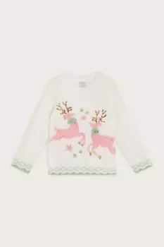 Рождественский пушистый джемпер с оленями Monsoon, бежевый