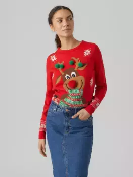Рождественский свитер Vero Moda "VMNEWFROSTYDEER LS O-NCK BLOUSE XMAS REP", цвет Chinese Red Detail:W. Snow White + Jelly Bean + Brown
