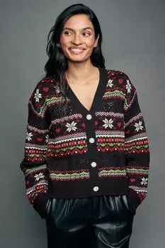 Рождественский узор fair isle вязаный кардиган на пуговицах Next, черный