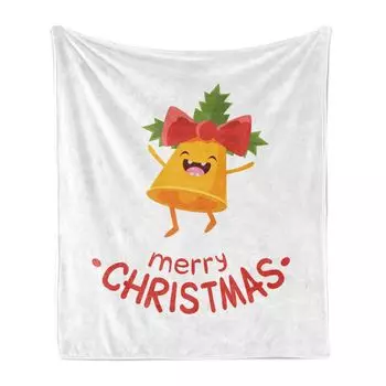 Рождественское мягкое фланелевое флисовое одеяло ABAKUHAUS, Cheers Happy Xmas Bell с лентой и листком Merry Christmas, 175 x 230 см, темно-коралловый и белый цвета бархатцев