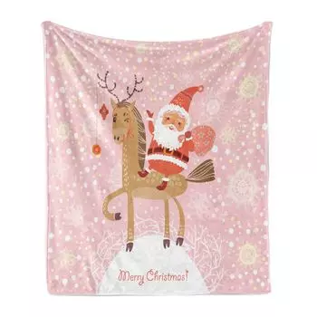 Рождественское мягкое фланелевое флисовое одеяло ABAKUHAUS, Happy Doodle Santa верхом на олене по снежной дюне и пастельными снежинками, 175 x 230 см, Разноцветная роза