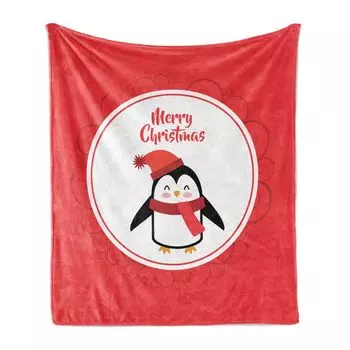 Рождественское мягкое фланелевое флисовое одеяло ABAKUHAUS, круг Happy Merry Penguin, уютный плюш для использования в помещении и на улице, 125 x 175 см, темно-коралловый и белый