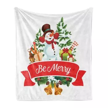 Рождественское мягкое фланелевое флисовое одеяло ABAKUHAUS, Trees Snowman Be Happy, уютный плюш для использования в помещении и на улице, 125 x 175 см, белый и разноцветный