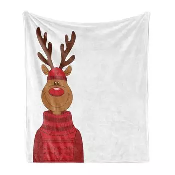 Рождественское мягкое фланелевое флисовое одеяло ABAKUHAUS, улыбающийся мультяшный олень в скандинавском рождественском свитере и шапке, 175 x 230 см, карамельно-коричневый, ярко-красный