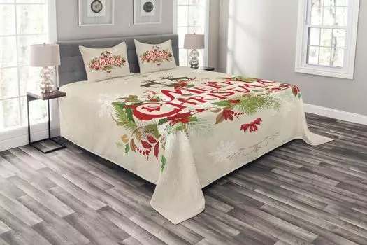 Рождественское покрывало ABAKUHAUS, Merry Xmas с цветочным принтом, комплект с наволочками, моющееся, для односпальных кроватей, 220 x 220 см, зелено-красный коричневый