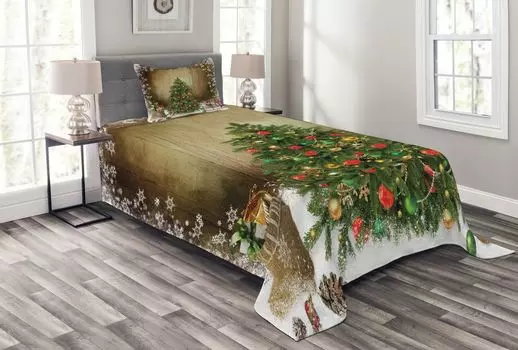 Рождественское покрывало ABAKUHAUS, Pine Tree Presents, с моющимися наволочками, для односпальных кроватей 170 х 220 см, разноцветное