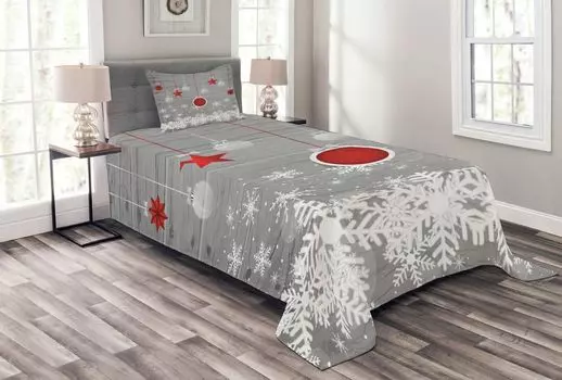 Рождественское покрывало ABAKUHAUS, Star Glitter Snow, комплект с моющимися наволочками, для односпальных кроватей 170 x 220 см, белый, серый, красный