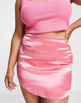 Розовая атласная мини-юбка с закругленным краем ASOS DESIGN Curve